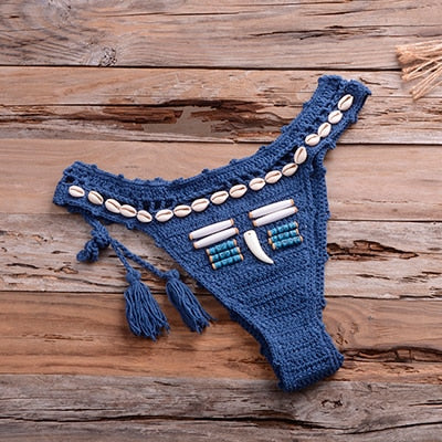 Handmade Crochet Bikini Blue Shell Beaded Swimsuit