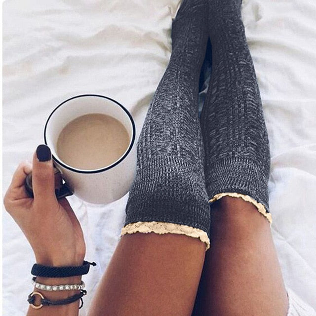 Ladies Thick Knee High Lace Socks