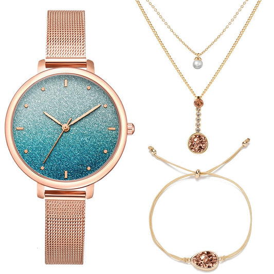 Stardust Watch Women Necklace Bracelet Set (3PCS/Set) Women's Watches Stainless Steel Mesh Starry Sky Quartz Female Wrist Watch