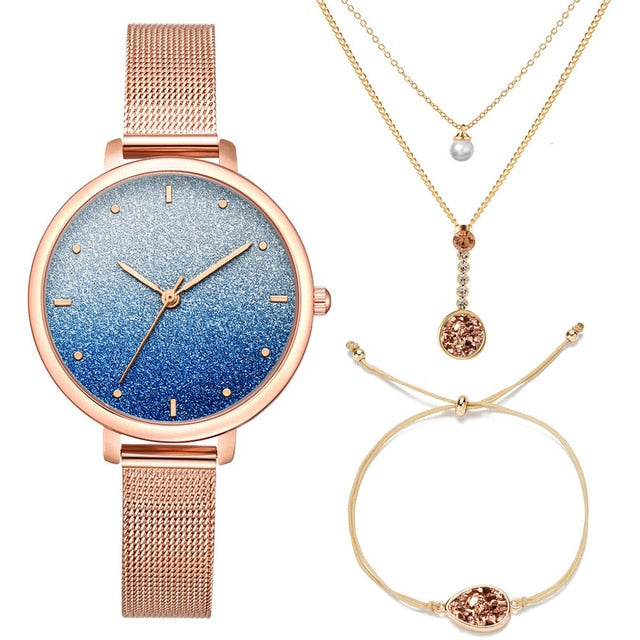 Stardust Watch Women Necklace Bracelet Set (3PCS/Set) Women's Watches Stainless Steel Mesh Starry Sky Quartz Female Wrist Watch
