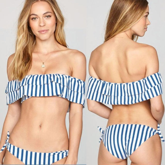 Women's Blue & White Stripes Ruffle top Bikini Set - Women's Clothing - buy epic deals