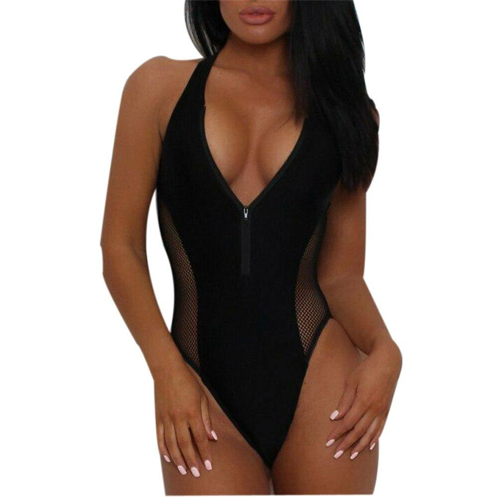 Solid Tone and Mesh One Piece Zippered Monokini Swimsuit by Free Ostrich -  - buy epic deals