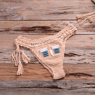 Handmade Crochet Bikini Blue Shell Beaded Swimsuit
