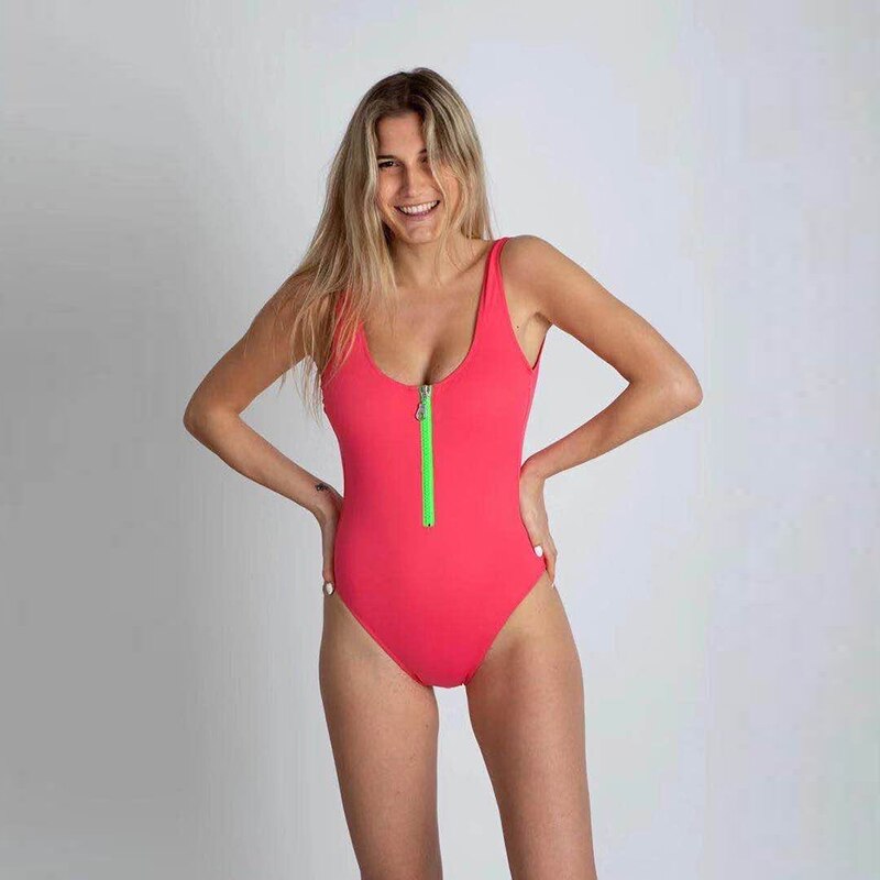Neon One Piece Zippered Push Up Swimsuit