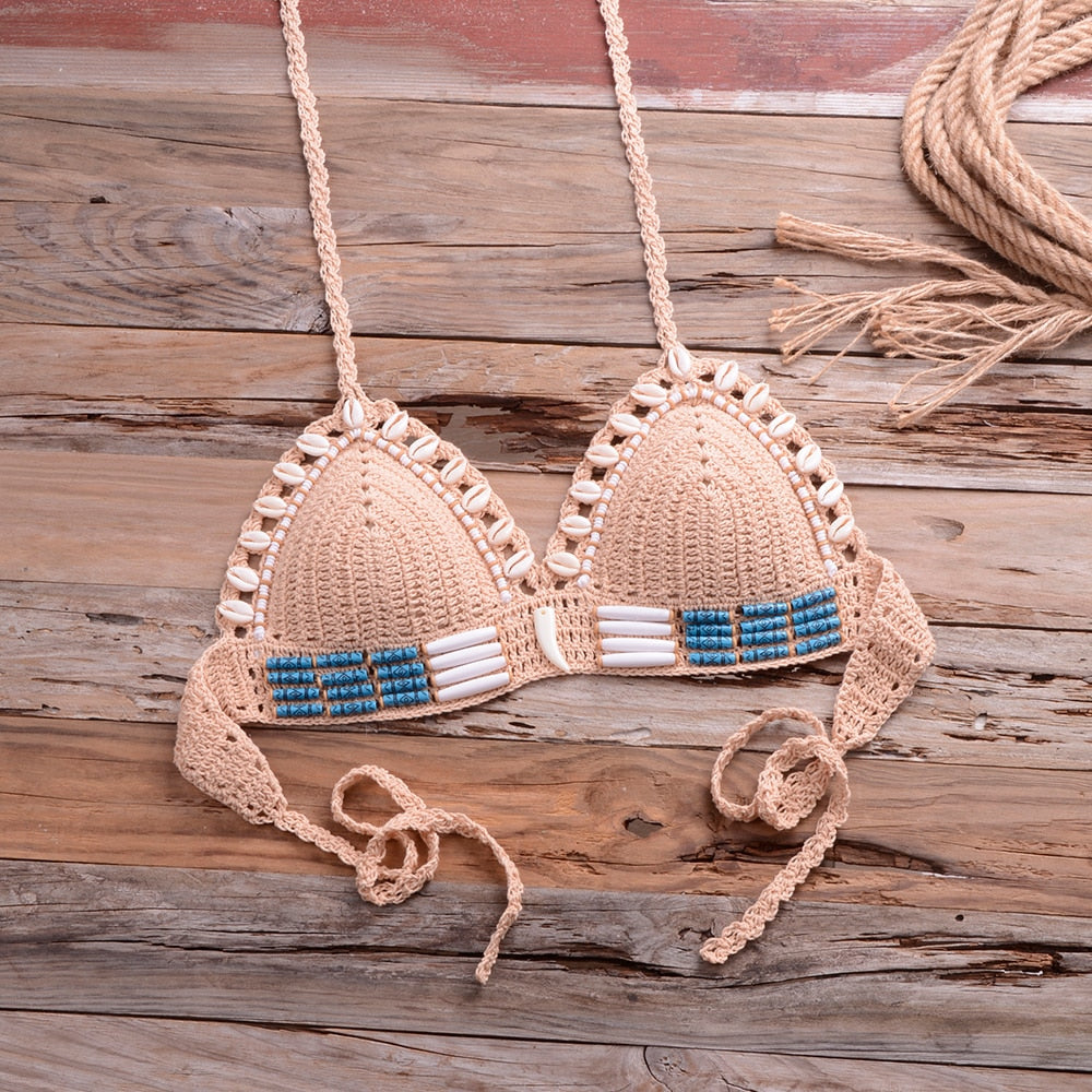 Handmade Crochet Bikini Blue Shell Beaded Swimsuit