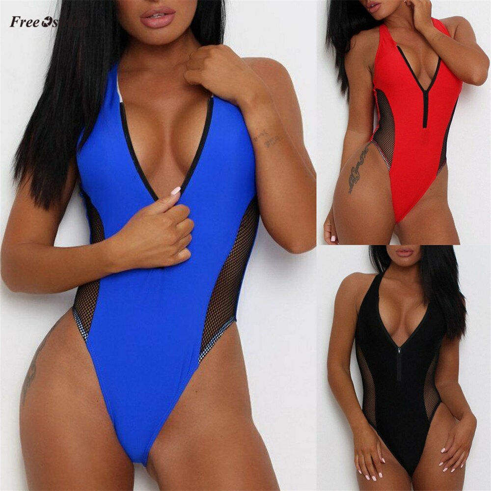 Solid Tone and Mesh One Piece Zippered Monokini Swimsuit by Free Ostrich -  - buy epic deals