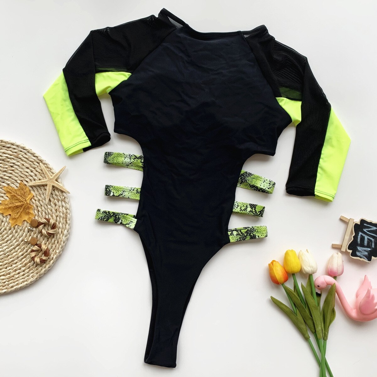 Sexy Neon Green One Piece Swimsuit with Long Sleeves and Mesh
