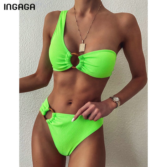 One Shoulder Ring Bikini High Waisted Swimsuits