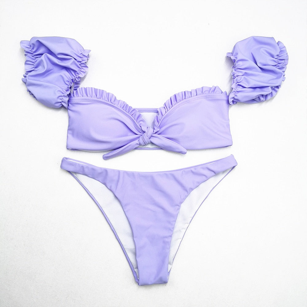 Purple Tie Dye Bikinis Off Shoulder Swimwear Women's Frill Bikini with Push Up Ruched Top