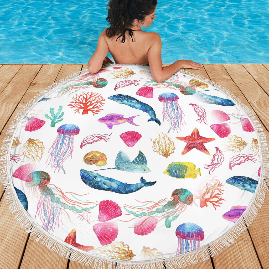 Watercolor Ocean Beach Blanket with Whales Fish Starfish and Jellyfish -  - buy epic deals