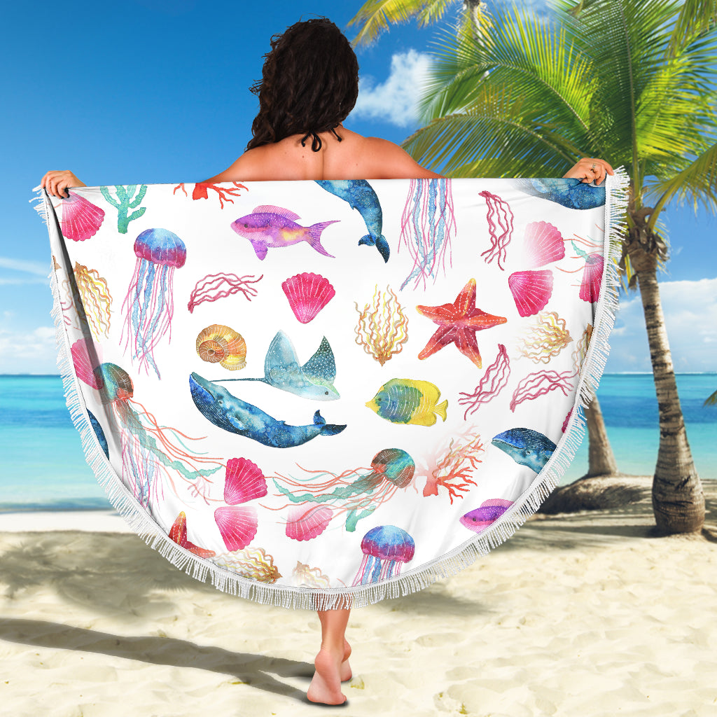 Watercolor Ocean Beach Blanket with Whales Fish Starfish and Jellyfish -  - buy epic deals