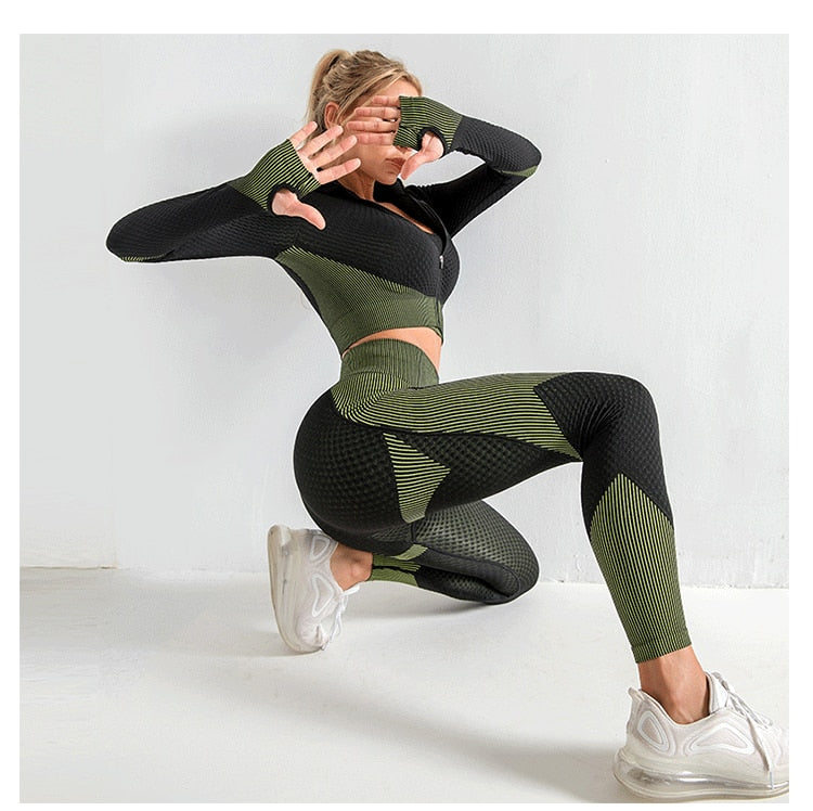 Women's 3 Piece Workout Outfit - Seamless High Waisted Leggings, Long Sleeve Crop Top Yoga Activewear Set - Leggings - buy epic deals