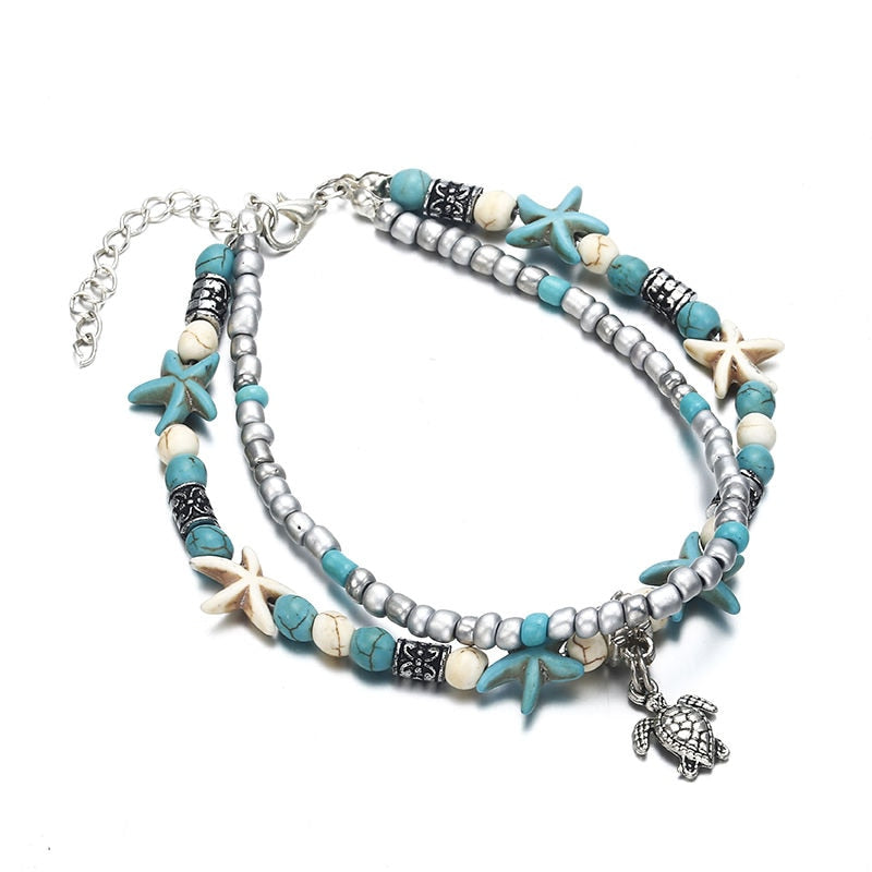 Bohemian Style Layered Starfish Anklet With Beads And Sea Turtle - Jewelry - buy epic deals